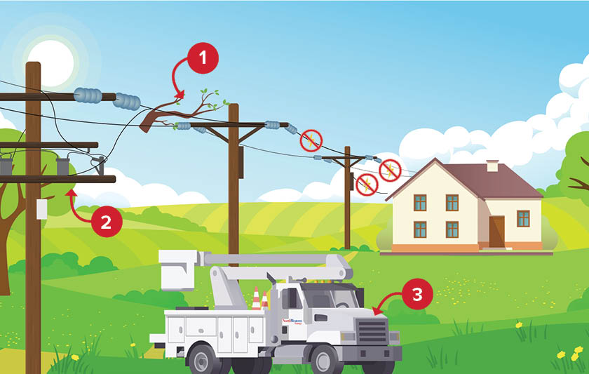 Illustration of a bucket truck, house and power line